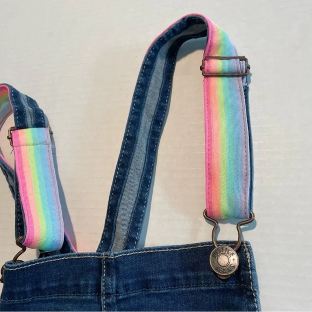 Justice Blue Denim Shortalls Multicolor straps Big Girl Size 18/ Fit Women’s S/M